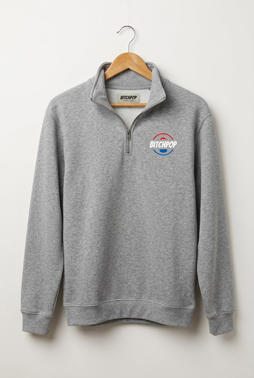 USA Quarter-Zip Bitchpop Crew in heather Oxford grey with red, white and blue logo on the left chest