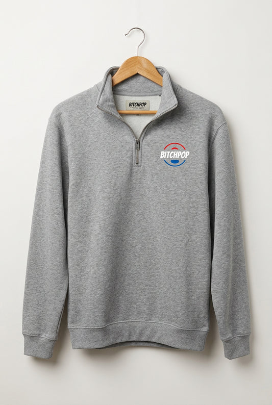 USA Quarter-Zip Bitchpop Crew in heather Oxford grey with red, white and blue logo on the left chest